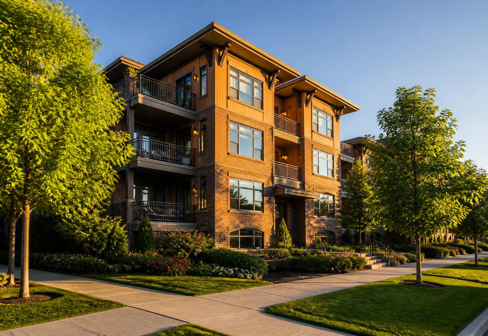 Well-maintained brick and timber apartment building at golden hour